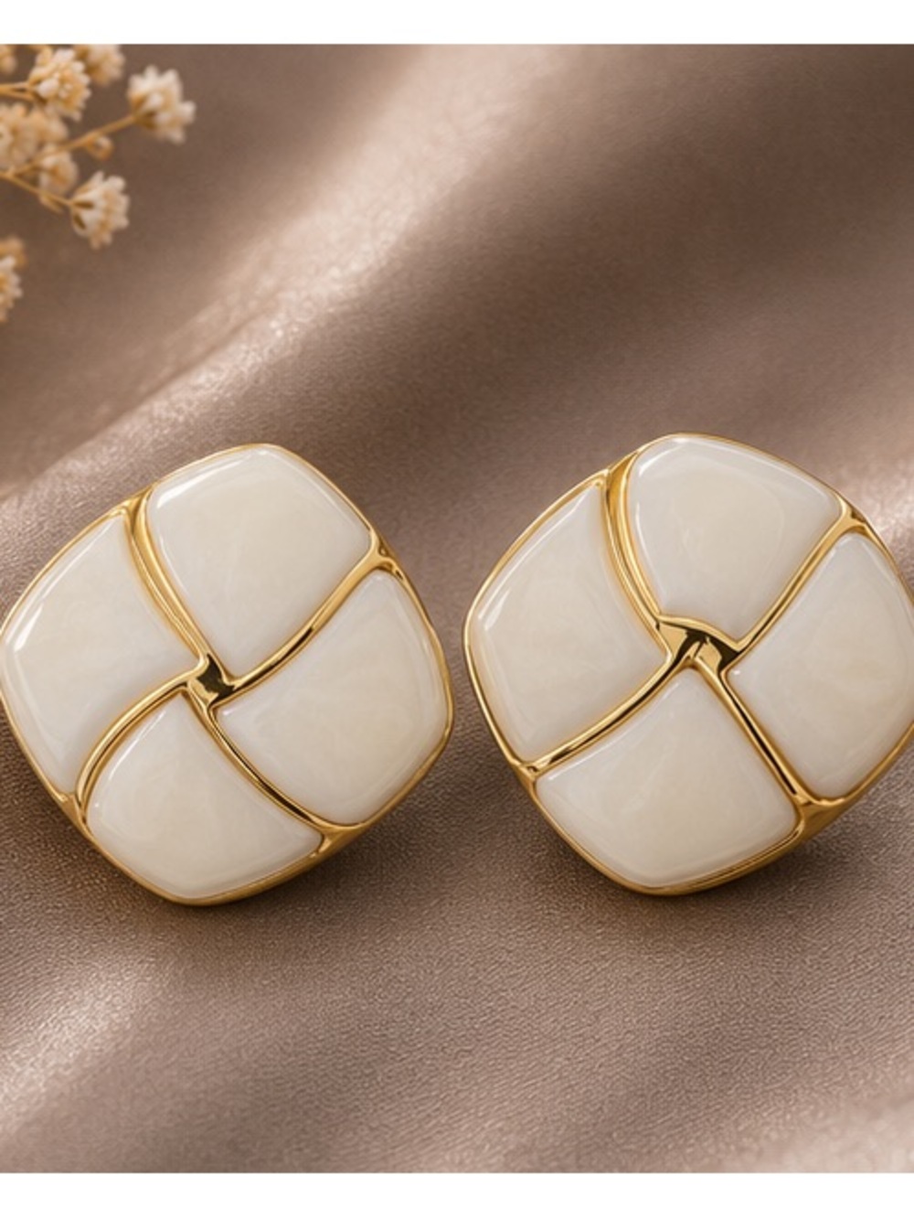 Gold & White Resin Tile Stud Earrings - Women Jewelry